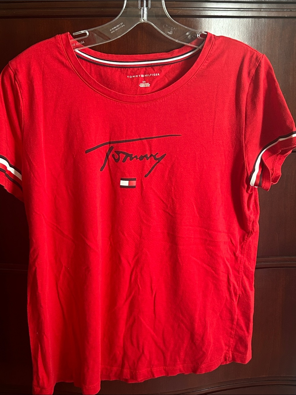Tommy Hilfiger Red Short-Sleeve Logo Tee with Striped Sleeve Trim